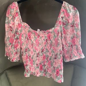 Pink floral smocked square neck puff sleeve blouse